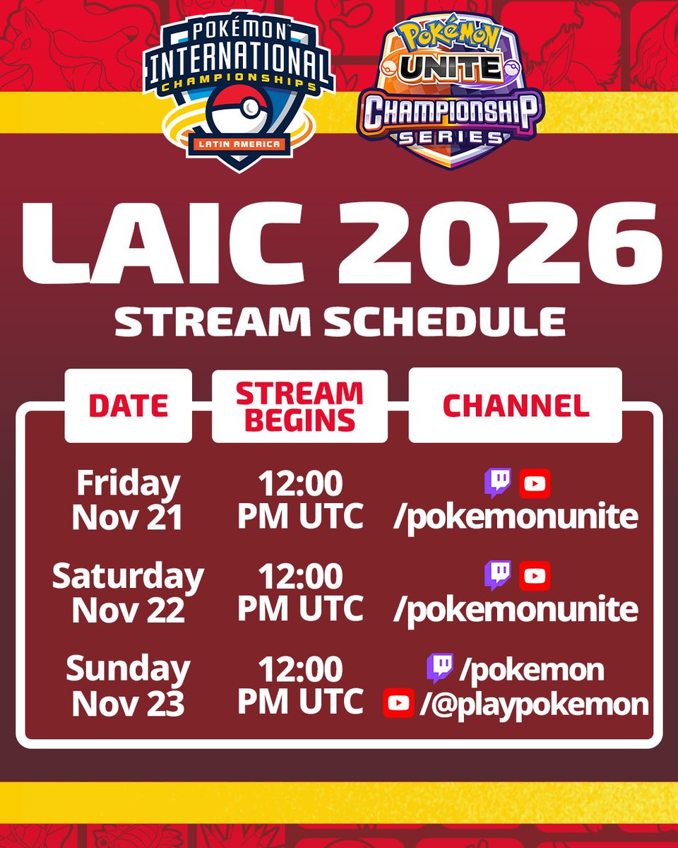 The #UNITEesports season kicks off this Friday with #PokemonLAIC‼️

Tune in at 12:00 PM UTC this November 21-23 to see which 3 teams qualify for #PUACL2026!

Friday &amp; Saturday: twitch.tv/pokemonunite
Sunday: twitch.tv/pokemon