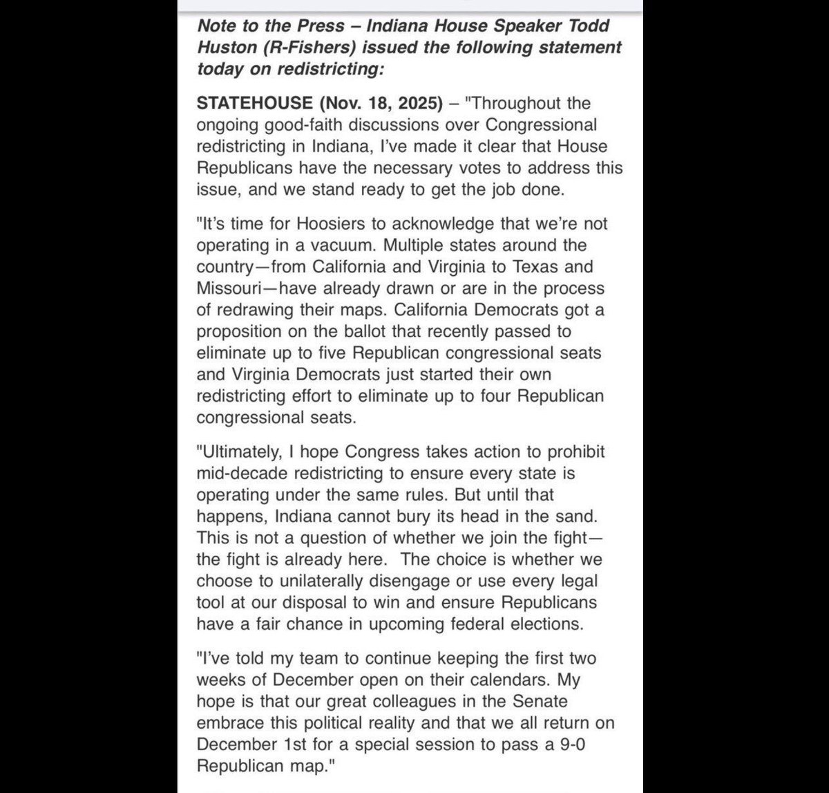 _johnnymaga's tweet image. 🚨 BREAKING: Indiana House Speaker Todd Huston fully backs President Trump and the redistricting efforts to draw a 9-0 map:

“I&apos;ve made it clear that House Republicans have the necessary votes to address this issue, and we stand ready to get the job done.”