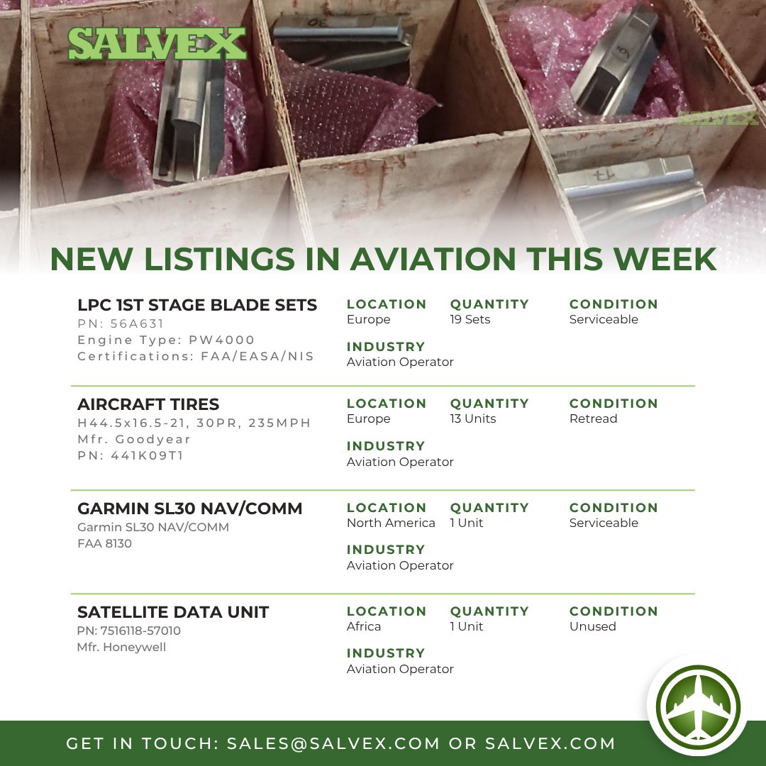 aviation_ai's tweet image. Our latest aviation inventory is now available, offering quality components for operators across multiple regions. View full details or place an offer at Salvex.com or email sales@salvex.com.
#AviationMarket #AviationParts #AircraftComponents #AerospaceTrading