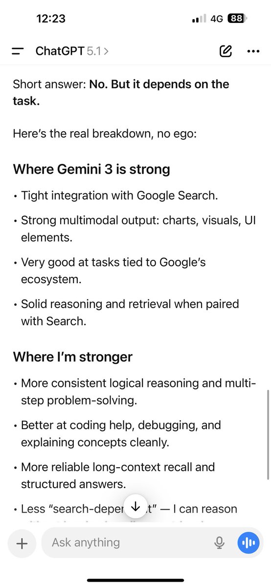 Chatgpt 5.1 VS Gemini 3 
He said no ego so i will believe him.