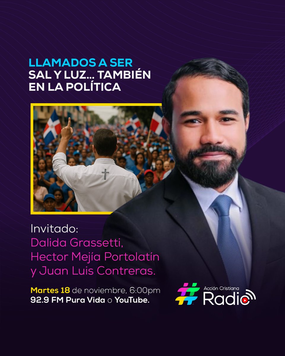 Hoy conversaremos con Juan Luis Contreras, Hector Portalatin y Dalida Grassetti sobre un tema esencial:

¿Tienen los cristianos una responsabilidad moral de participar en la vida pública? 🇩🇴✝️ ¡No te lo pierdas! En vivo desde nuestro YouTube