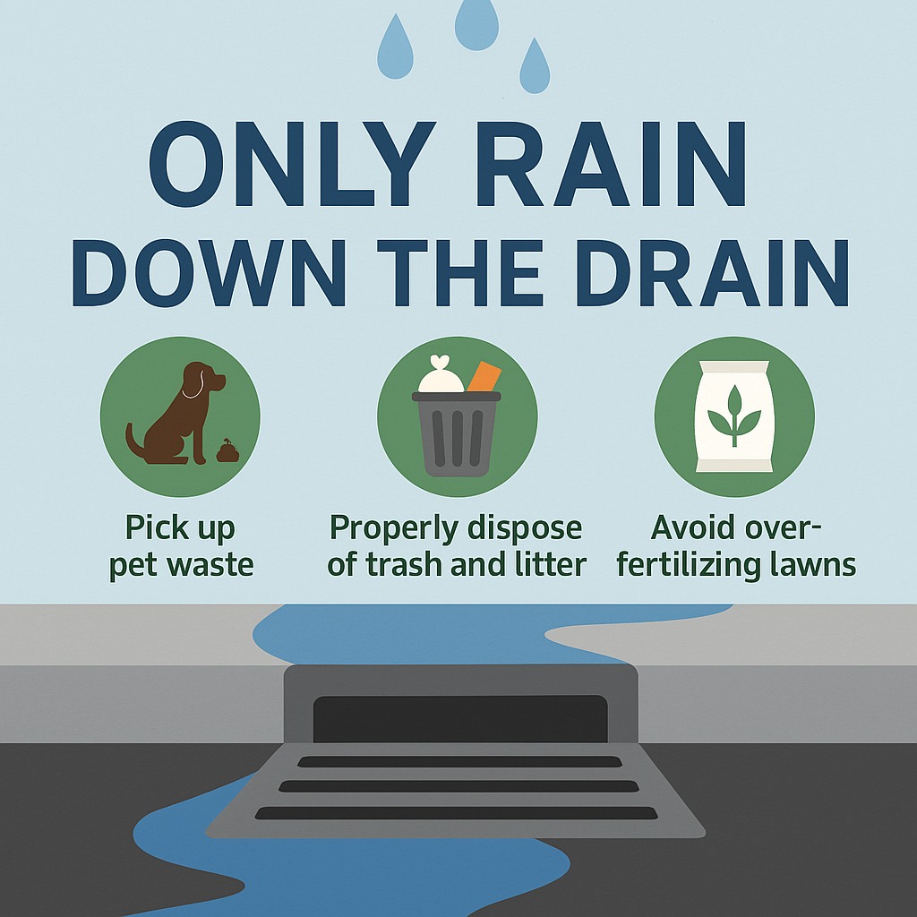 Stormwater Starts Here 🌧
Rain carries litter, fertilizer &amp; pollutants straight to our waterways—untreated.
Help protect our waters:
✔ Pick up pet waste
✔ Dispose of trash properly
✔ Avoid over-fertilizing
✔ Never dump in storm drains
 #ProtectOurWaters #OnlyRainDownTheDrain