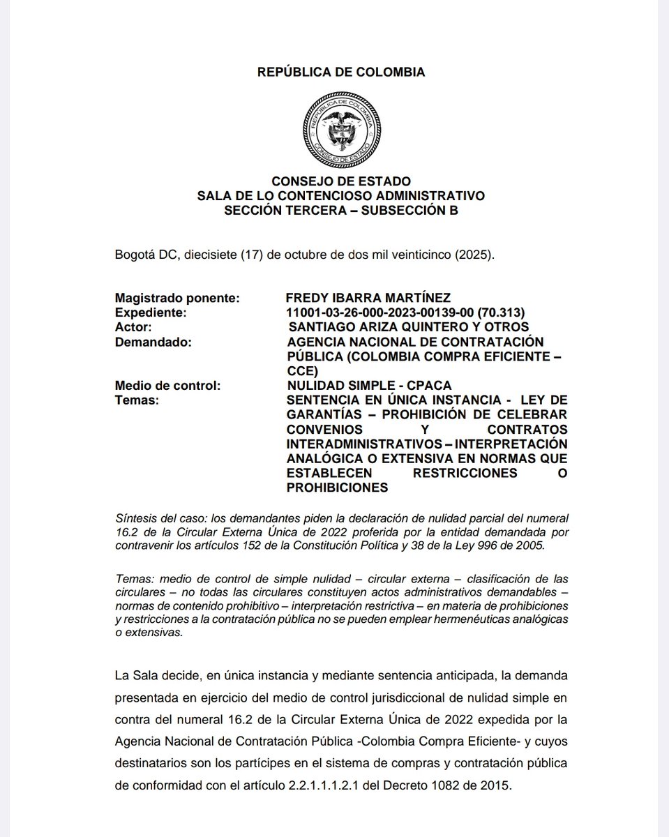cabogadosa1's tweet image. 🚨 Primicia CCA: Sentencia del Consejo de Estado que declara la nulidad parcial del numeral 16.2 de la Circular Externa Única de 2022 expedida por la Agencia Nacional de Contratación Pública -Colombia Compra Eficiente
drive.google.com/file/d/1ZT5zNy…