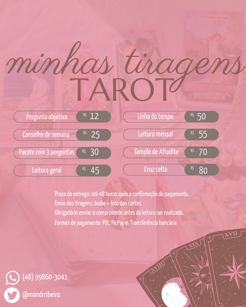 mandrribeiro's tweet image. atualizei minhas tiragens de tarot!
novos valores, novas leituras e prazo de entrega de até 48h.
consulta por áudio + foto das cartas.

pagamento via PIX, PicPay ou transferência.
me chama pra agendar ✨🔮