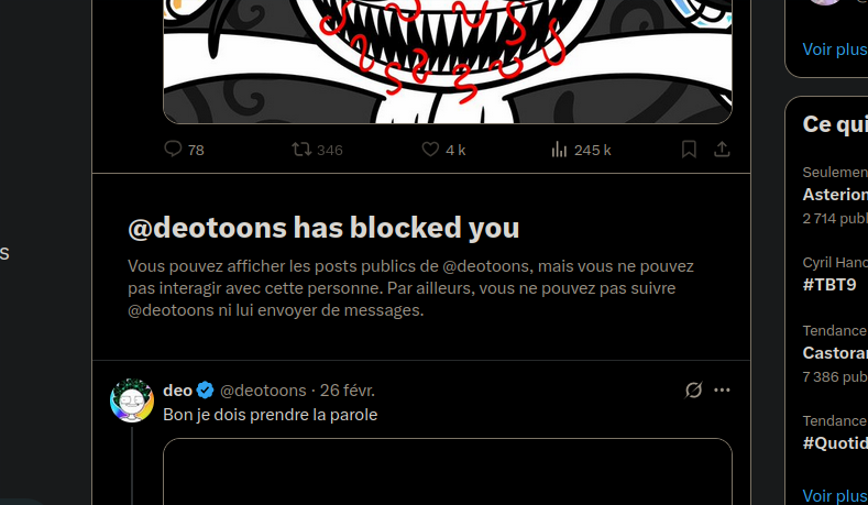 Pk j'ai été bloqué para Deotoons😐 Je voullait juste voir comment il va car j'ai pas vu ces videos depuis longtemps et je suis bloqué sans savoir pourquoi 🤔