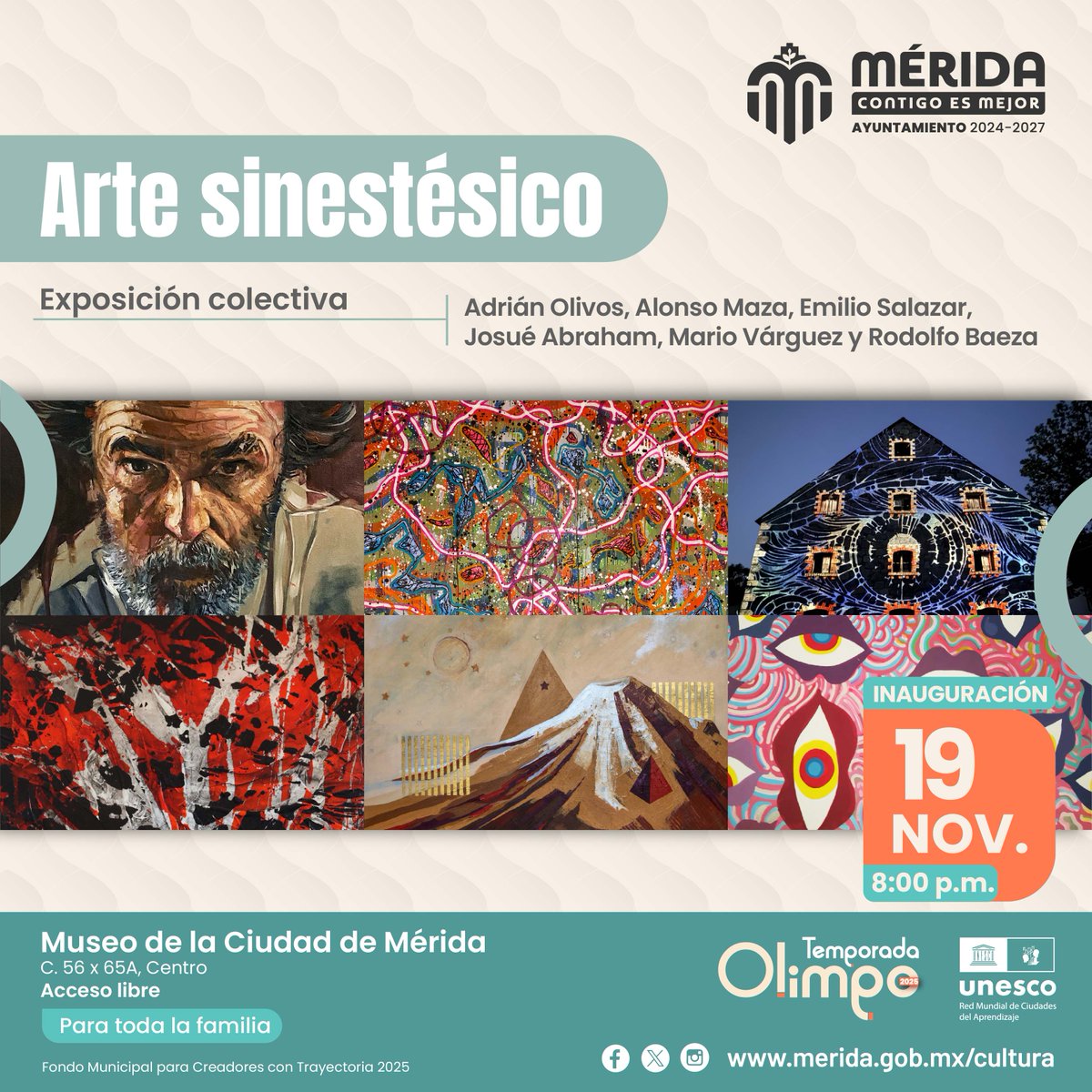 👀Si visitas esta noche el Museo de la Ciudad te sorprenderá una nueva muestra disciplinaria que explora las cualidades sinestéticas en el arte de Adrián Olivos, Alonso Maza, Emilio Salazar, Josue Abraham, Mario Várguez y Rodolfo Baeza. #MéridaContigoEsMejor <a href="/CeciliaPatronL/">Cecilia Patrón Laviada</a>