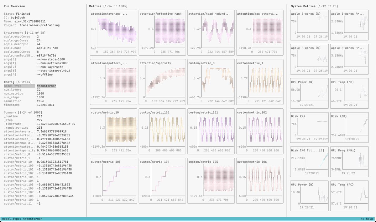 olachinkei's tweet image. W&amp;amp;Bが、ターミナル UI「LEET」を開発しました！
実験をターミナルで完結させたいという声が多く、特にリモート環境やオフライン実行では「ブラウザ開けない問題」が長年の課題でした  

LEET は、Run の概要・コンフィグ・メトリクス・GPU/CPU…