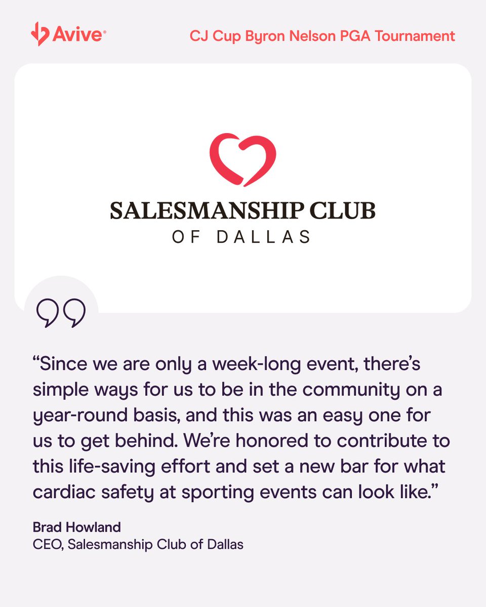 AviveSolutions's tweet image. With 35,000+ daily attendees, the Byron Nelson PGA TOUR confronted significant public health risks. McKinney, TX sought to implement a strong emergency response plan. In support of this effort, the Salesmanship Club Of Dallas donated 20 Avive Connect AEDs. avive.life/customer-stori…
