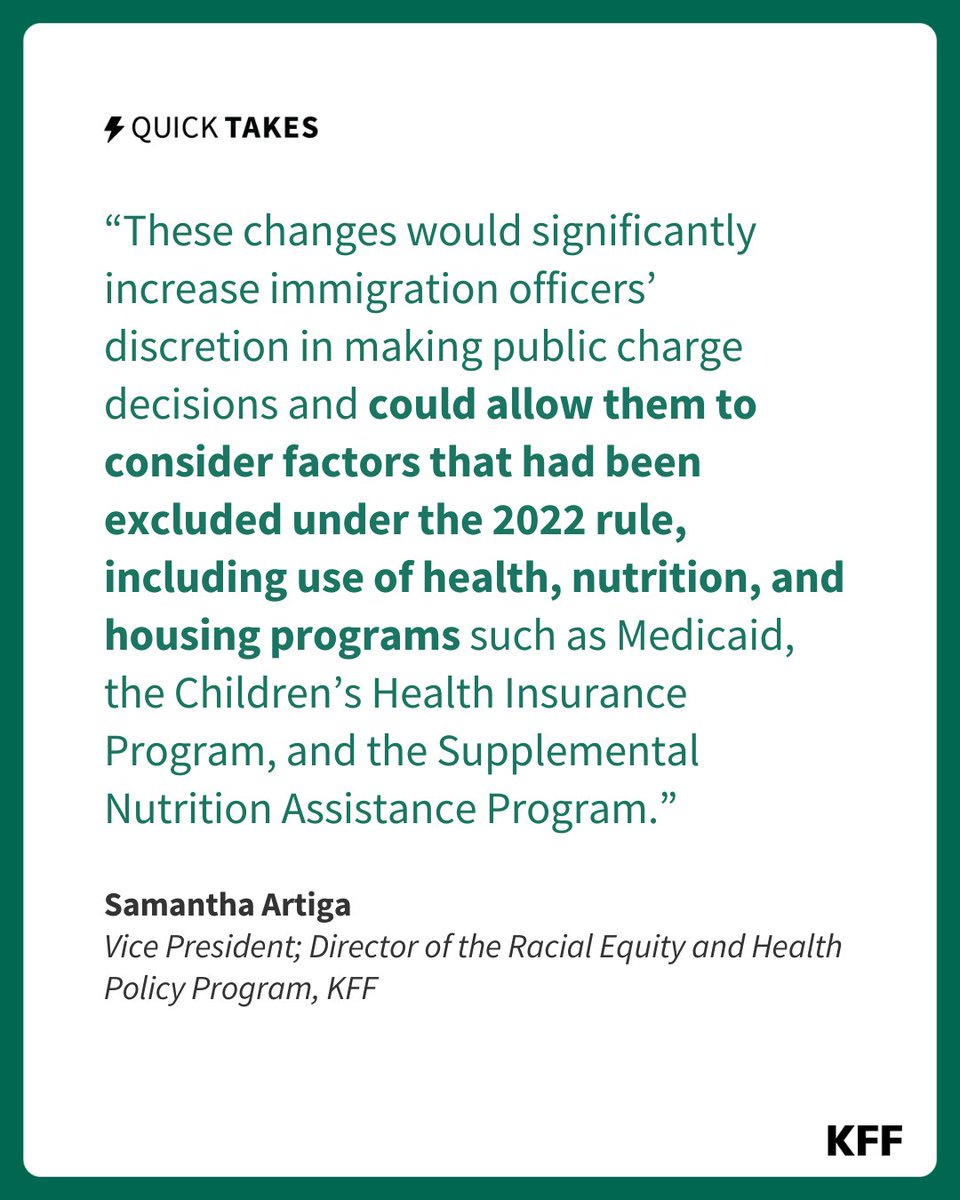KFF's tweet image. ⚡ KFF’s @SArtiga2 explains that the proposed change to the public charge rule would likely lead to further declines in use of health care and programs among immigrant families. #QuickTake on.kff.org/445QwKs