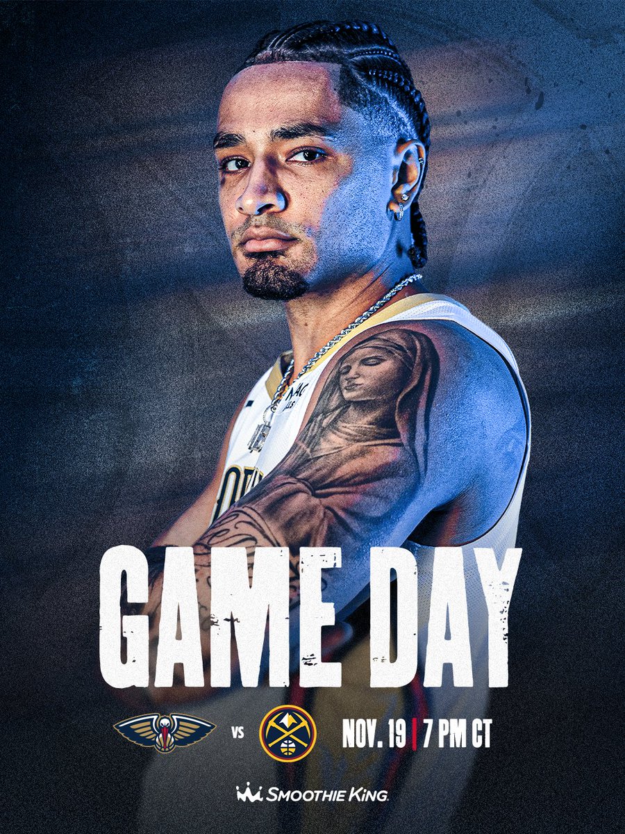 PelicansNBA's tweet photo. game 15 ๐
TUNE IN:
๐ Nuggets
๐ 7 PM CT
๐บ GCSEN | Pelicans+
๐ป WWL Radio
#Pelicans | @SmoothieKing https://t.co/OeRP0PkyTH