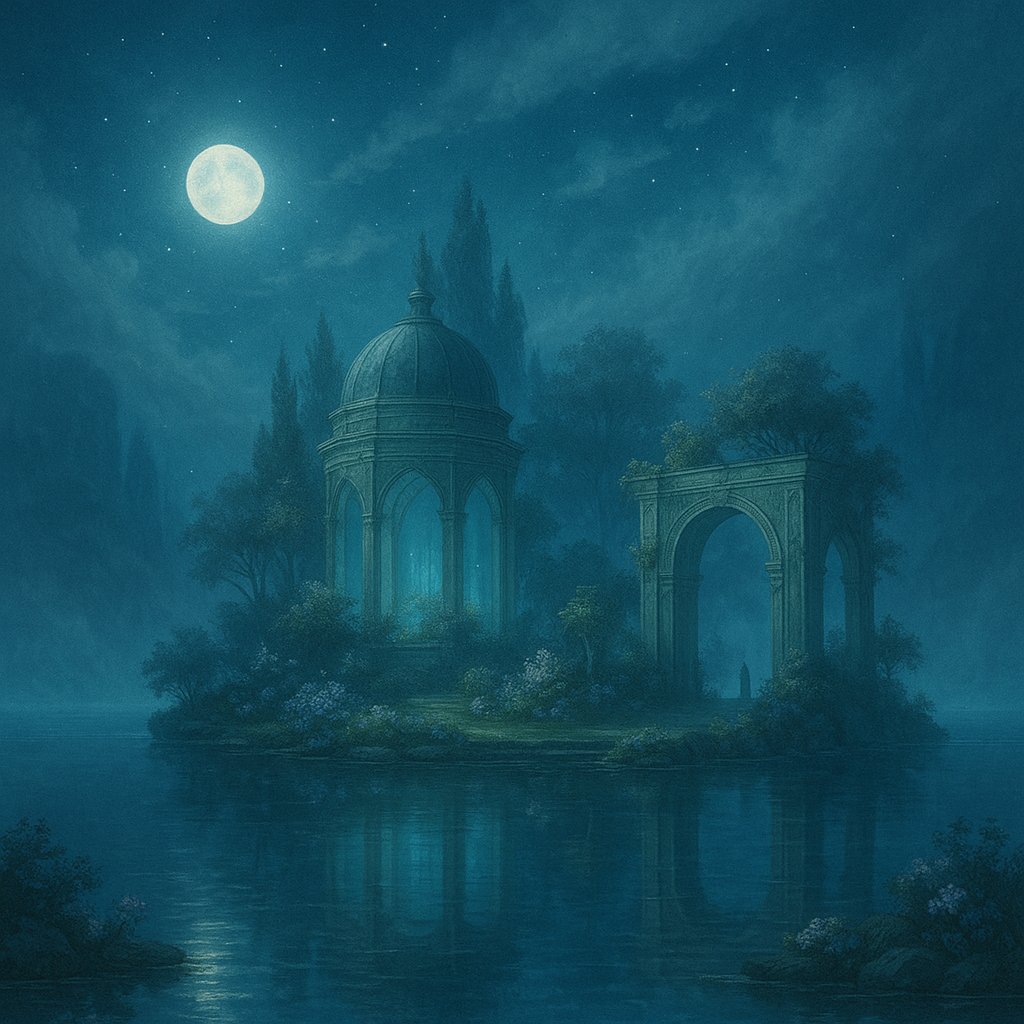 funfungen's tweet image. 🪞鏡湖の浮庭　
静寂の湖に浮かぶ月と緑。水面に映る空が揺れ、花と記憶がそっと重なる。
 #幻想風景 #浮庭 #鏡湖