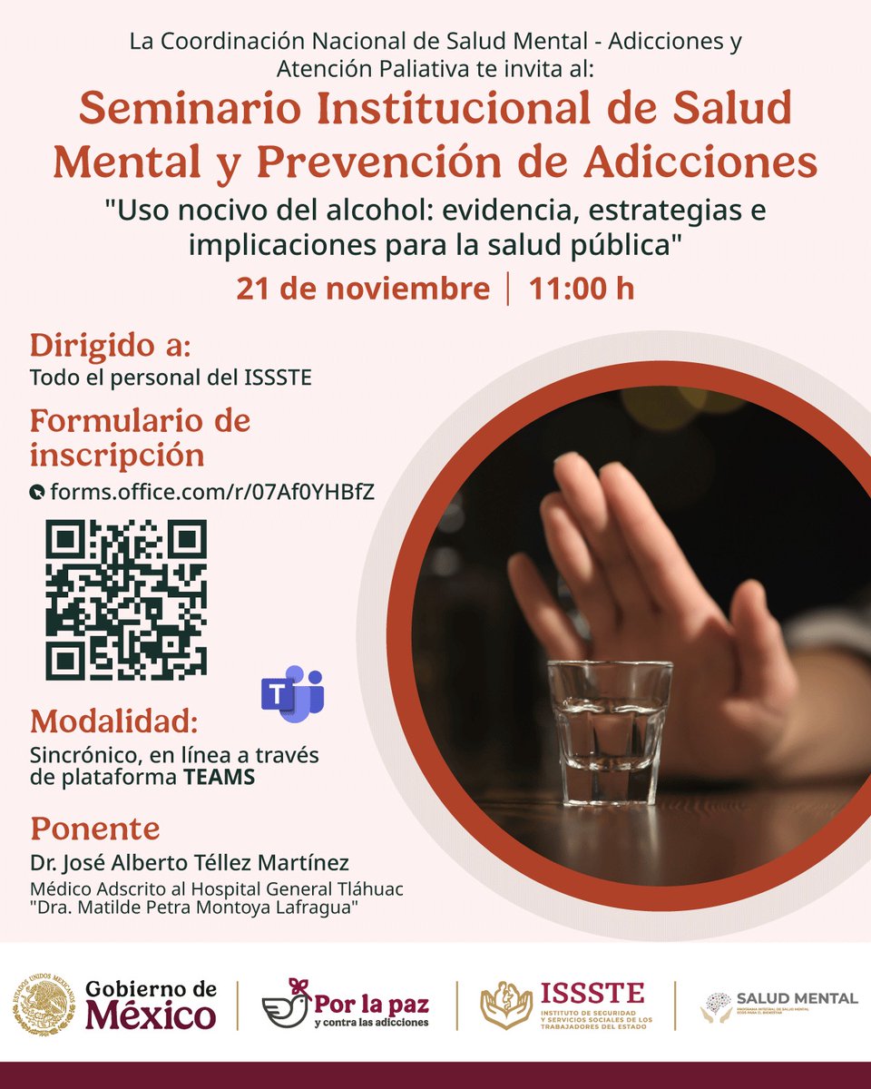 ISSSTE_mx's tweet image. 🧠 El ISSSTE refuerza su compromiso con la salud mental. 💙

😉 Este 21 de noviembre, a las 11:00 h, se llevará a cabo una sesión clave sobre uso nocivo de alcohol 🍻🚫, con información actual, estrategias efectivas e implicaciones para la salud pública. 🩺✨

👩🏻‍⚕️👨🏻‍⚕️ Una…