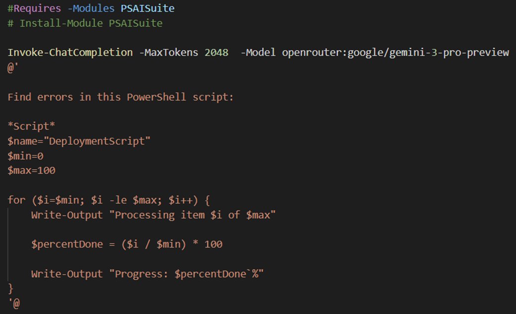 dfinke's tweet image. Gemini 3 Pro uses dynamic thinking by default to reason through prompts.

Here you can see it in action.

A #PowerShell script anlayzing a PowerShell script for errors.

📦Install-Module PSAISuite