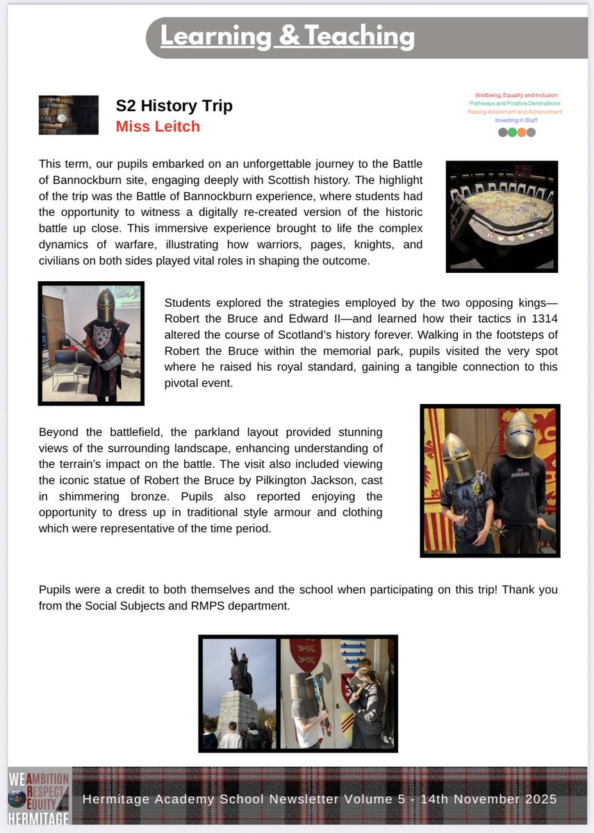 Our pupils had an incredible trip to the Battle of Bannockburn site, where history came alive ✨ They showed respect, curiosity, and were a credit to themselves and the school. Well done! 🏰📚 #UNCRCArticle28 #UNCRCArticle29 #Ambition #Respect #Equity <a href="/HermitageAcad/">Hermitage Academy</a>