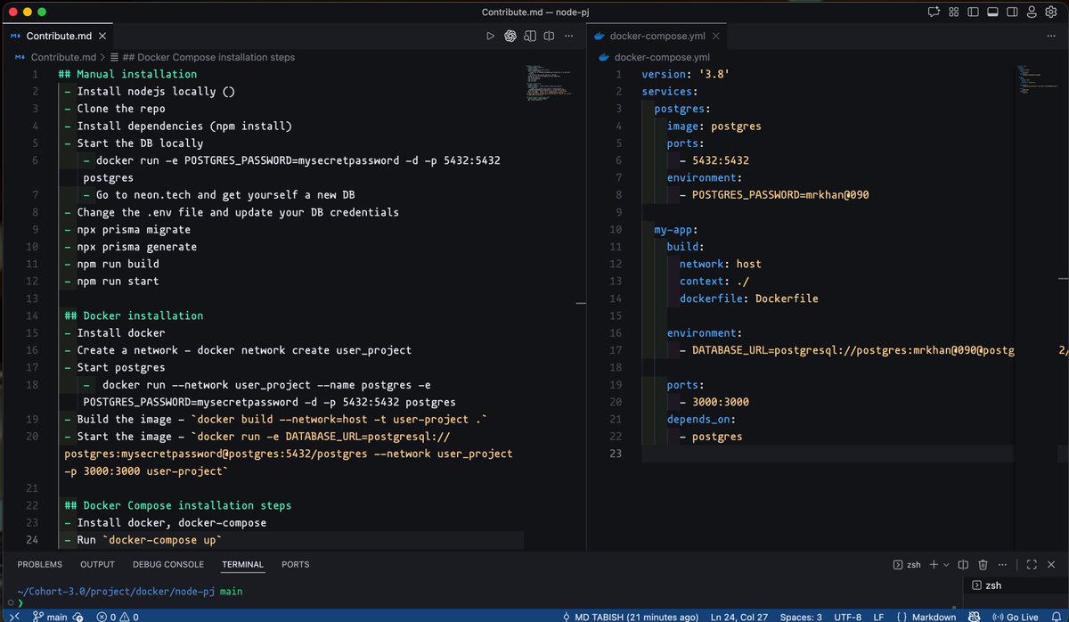 Tabish_khan090's tweet image. ⚡ Easy &amp;amp; Automated Deployment (Nodejs-app)
• ✂️ Trimmed down steps from full manual installation
• 🐳 Moved everything into clean Docker commands
• ⚙️ Final step→Docker Compose for fully automated deployment

#Docker #DevOps #Containerization #BuildInPublic #LearningInPublic
