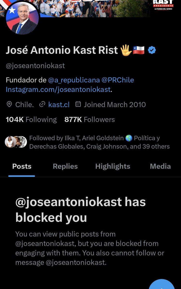 He blocked me some years ago. After I questioned his democratic credentials. His extreme politics were normalized and Chile now runs the risk of electing <a href="/joseantoniokast/">José Antonio Kast Rist 🖐️🇨🇱</a>