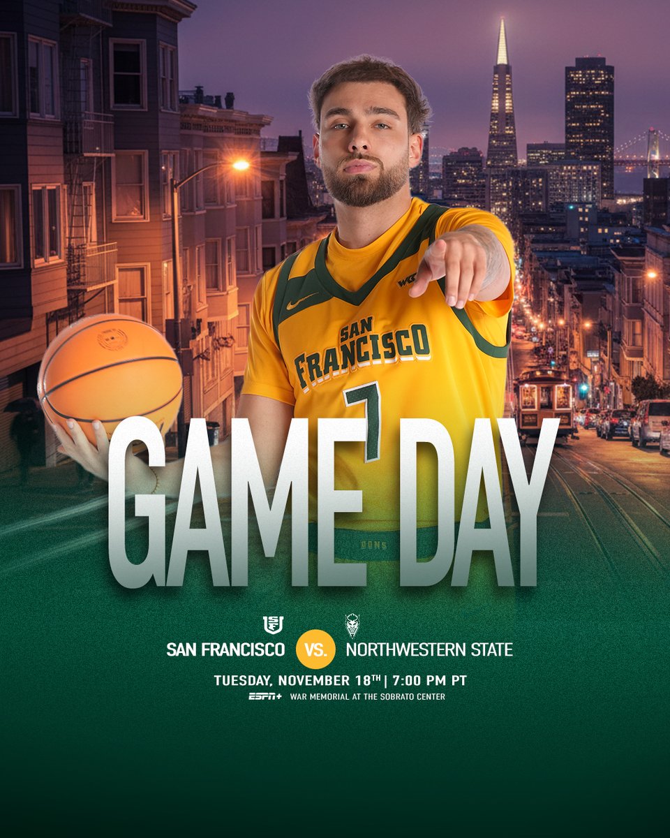 USFDonsMBB's tweet photo. Back to it 👊 

🆚Northwestern State
⏰7:00 pm
📍War Memorial at the Sobrato Center
📺: https://t.co/JU7GUmhnQv
🎙️: https://t.co/NDGe30KP71
📊: https://t.co/c4sbI5rjkr
🎟️: https://t.co/mbDXv2xINU

#USFDons | #WCChoops https://t.co/2V4OQjhg6W