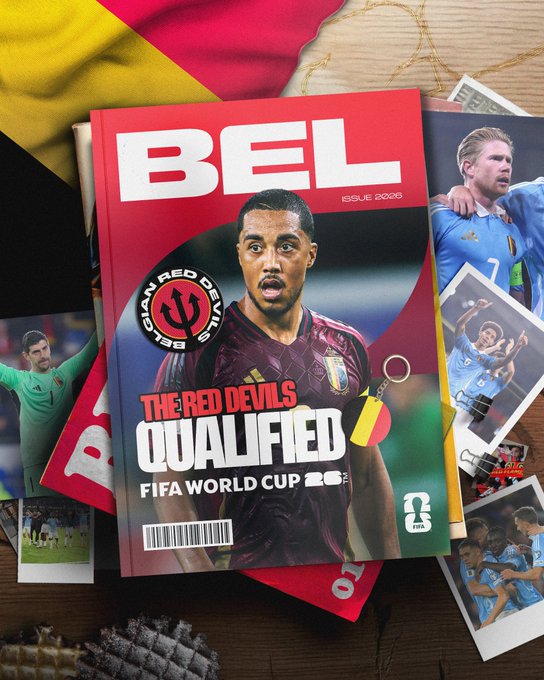 A red magazine cover titled The Red Devils Qualified for FIFA World Cup 26 features Belgian flag colors and photos of soccer players including Kevin De Bruyne in action pose and Thibaut Courtois in goalkeeper uniform, placed on a wooden surface with scattered photos and a Belgian flag draped nearby.