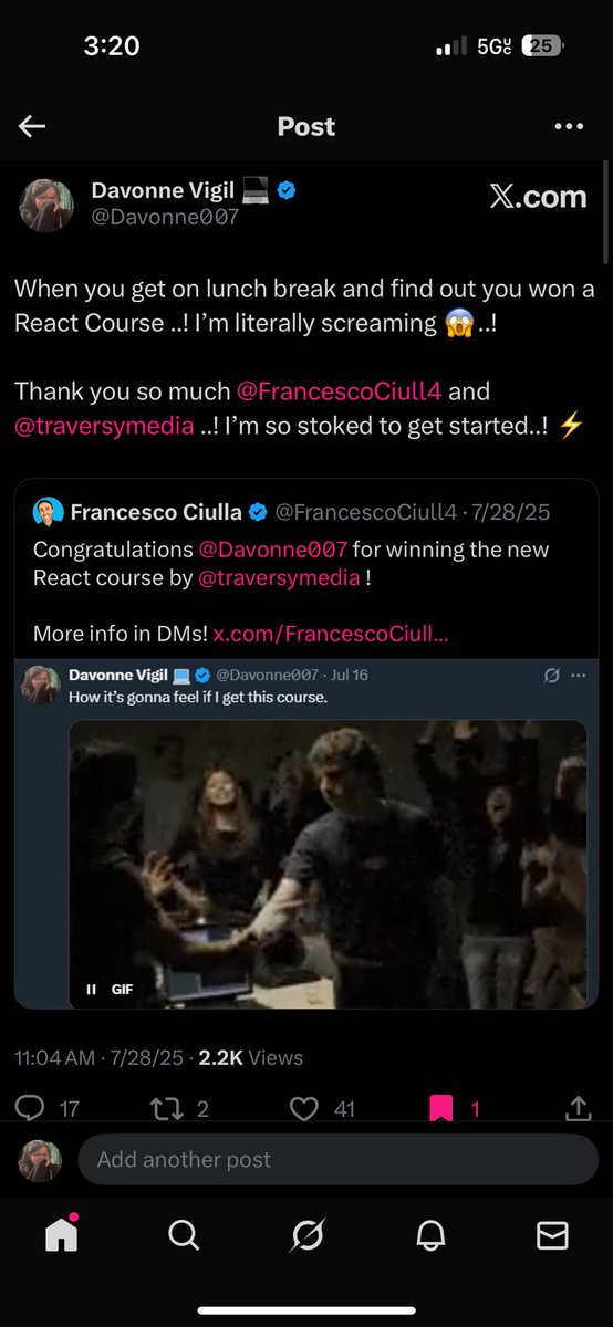 Davonne007's tweet image. How did your #100DaysOfCode start ?!

When @FrancescoCiull4 gifted me a @traversymedia React course..! 🔥🙏

Was definitely stoked to get going and stoked to keep going …! 🚀