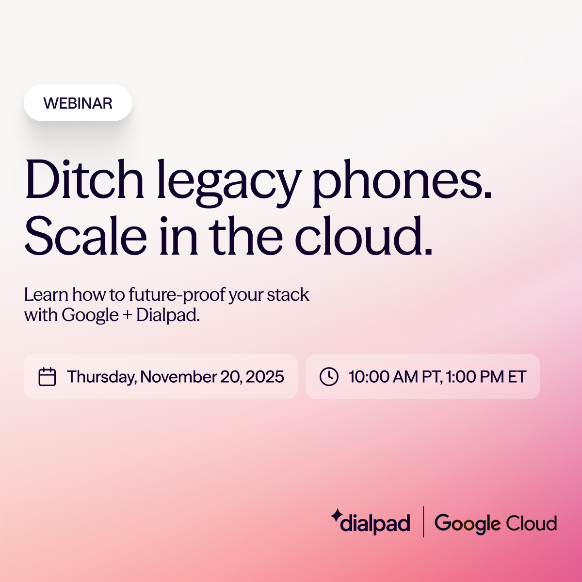 dialpad's tweet image. Legacy phones = old playbook.
Cloud + AI = what’s next. ☁️🤖

Join Dialpad + @GoogleCloud live on Nov 20 to see how IT leaders are scaling smarter.
🔗 dialpad.com/events/from-le…