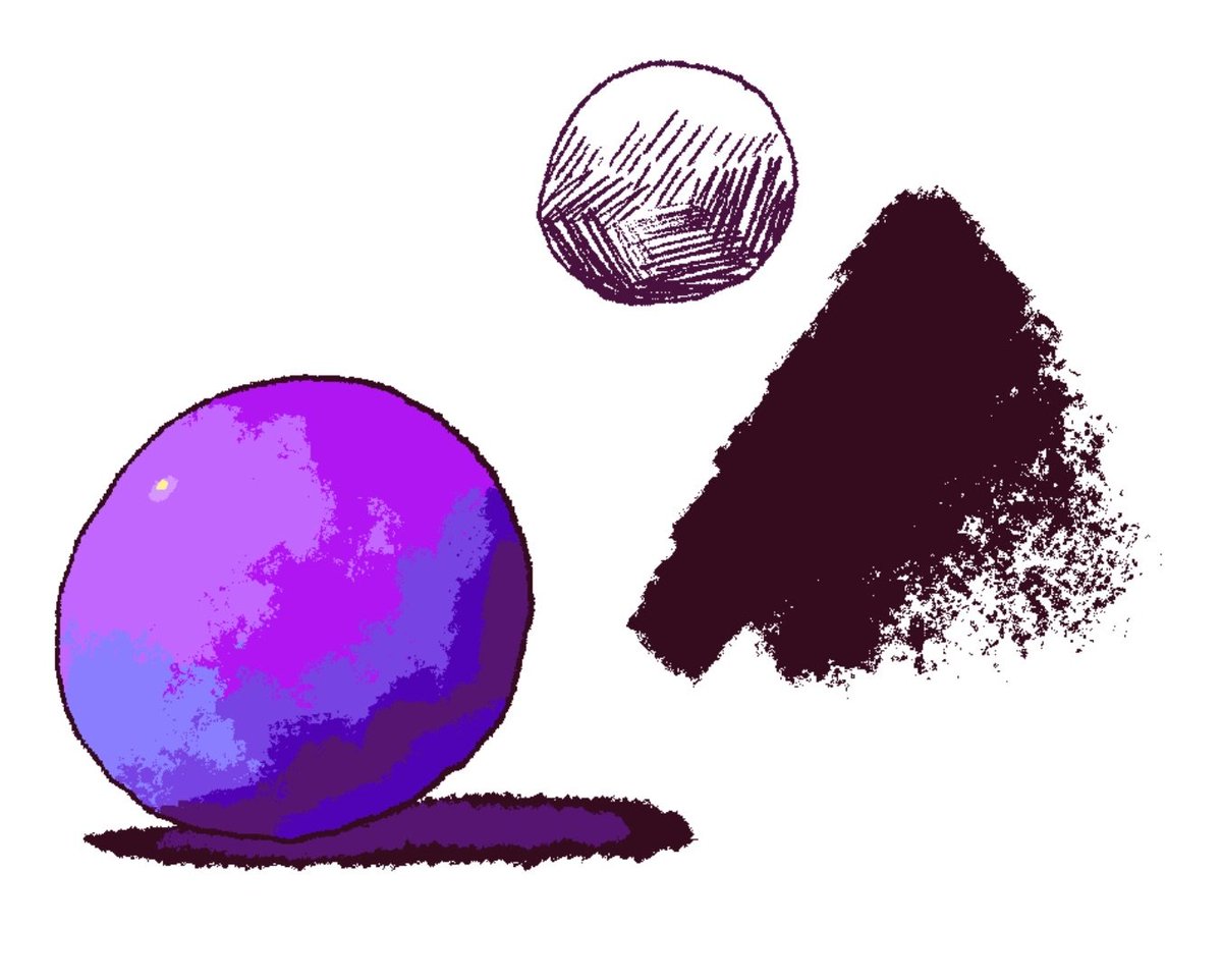 some people have asked me about my coloring/how i approach this...

i made these images a while back to demonstrate that a bit? when coloring i act as if i'm painting, but i use a lineart brush, typically one that can fade into a texture 

gives stuff a posterized, jpeg-y look