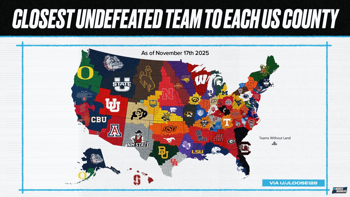 The closest remaining undefeated team to each US county 🔥

(via <a href="/jloose128/">Joey Loose</a>, <a href="/redditCBB/">/r/CollegeBasketball</a>)