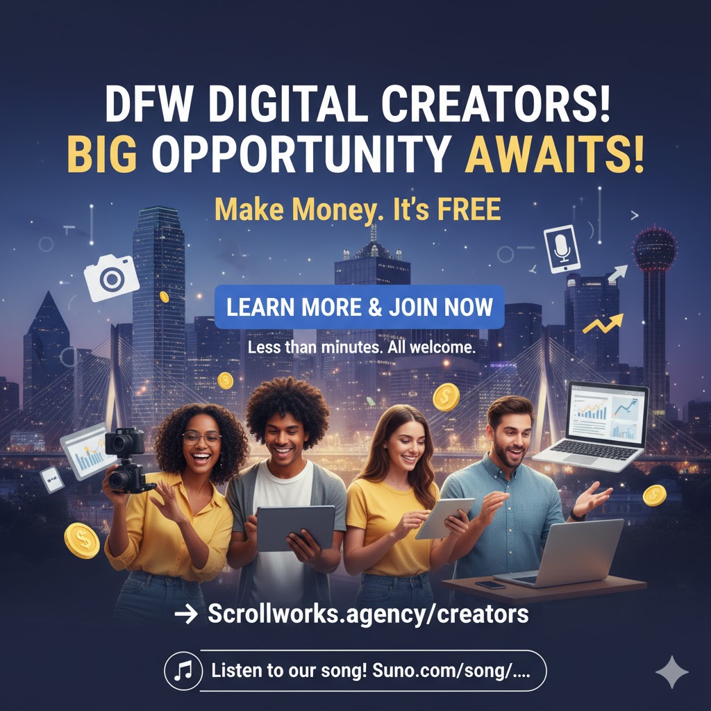 wrightimc's tweet image. Know a DFW creator? Tag them.
Local brands want to pay you for content.
Free to join. 3 min signup. Even 10 followers works.
scrollworks.agency/creators