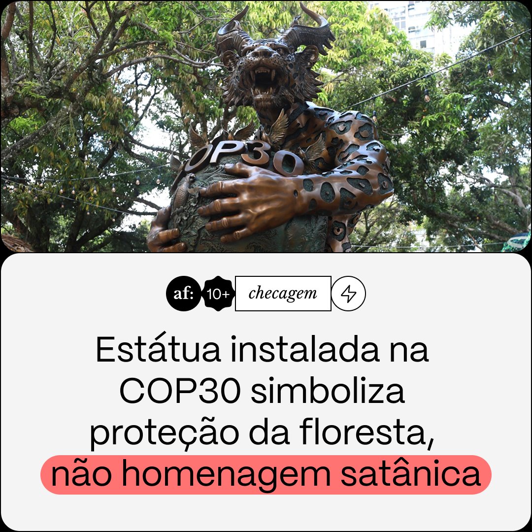 NO AR. É mentira que foi instalada uma estátua satânica em Belém como legado da COP30, como alegam posts nas redes. 

Presente da China ao Brasil, peça mistura o dragão, símbolo tradicional do país asiático, a uma onça, em referência à fauna brasileira:
aosfatos.org/noticias/estat…