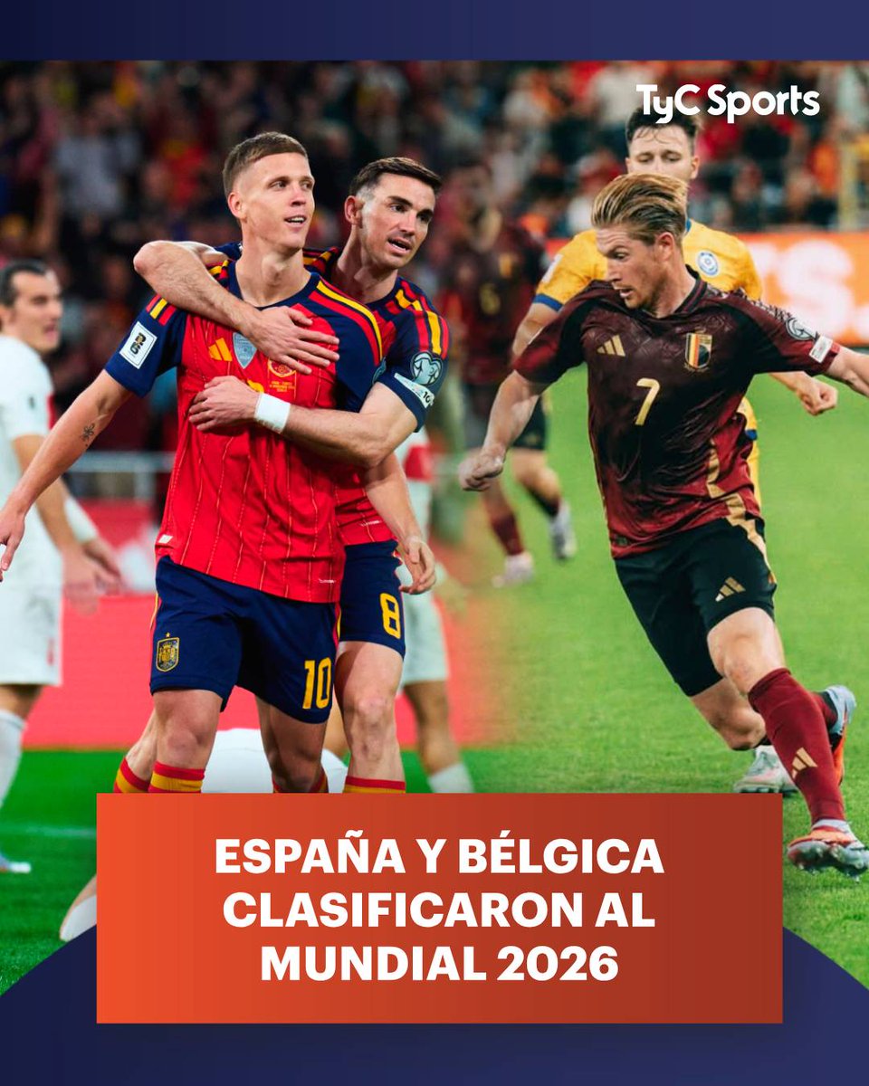¡ESPAÑA Y BÉLGICA CLASIFICADOS AL MUNDIAL 2026!🏆🇪🇸🇧🇪

Tras la última fecha de las #EliminatoriasUEFA, ambas selecciones quedaron primeras en sus grupos y jugarán la Copa del Mundo. El conjunto español empató 2-2 con Turquía, y se quedó con el primer lugar del Grupo E con 16