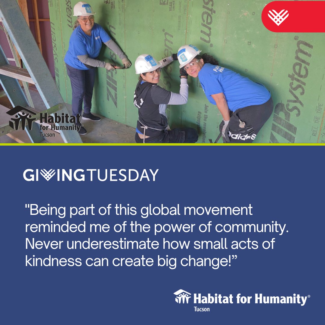 HabitatTucson's tweet photo. Mark your calendar for #GivingTuesday — Dec 2, 2025!  This global day of giving supports Habitat Tucson's mission to build safe, stable homes right here in Tucson.  Your gift builds hope. Stay tuned for how you can help build a stronger community!  #BuildHope #HabitatTucson https://t.co/o5SHj596Os