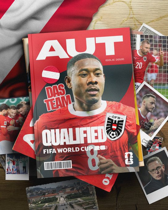 Red magazine cover titled AUT with bold white text, featuring a central photo of a male soccer player with short hair and focused expression wearing a red jersey with number 20 and Austrian eagle emblem, positioned against a white background. Surrounding elements include the Austrian flag draped nearby, text Qualified for FIFA World Cup 2026 in white and red, smaller inset photos of other male players in red uniforms on a soccer field and a coach in glasses, all arranged on a wooden table surface with scattered polaroid-style images.