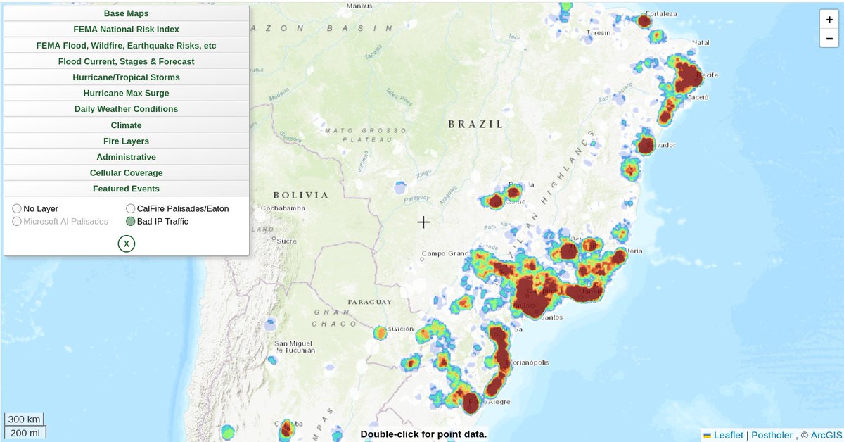 postholer's tweet image. Anyone notice a massive increase of bad internet traffic coming from South America over the last few months? 

Here&apos;s looking at you #Brazil:
femafhz.com/map/-17.951841…

#gis #osint