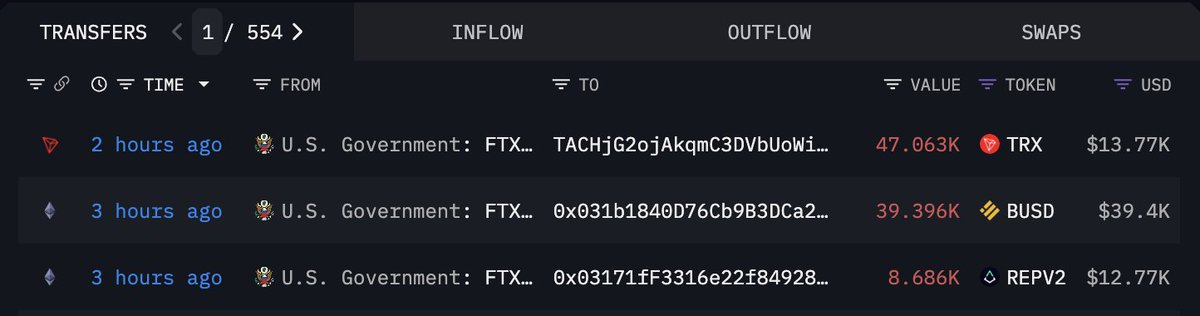 美国政府从被没收的 FTX-Alameda 资产转移的截图