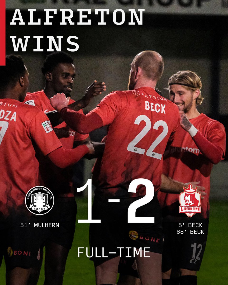 AlfretonTownFC's tweet image. FULL TIME: @GainsTrinityFC 1-2 @AlfretonTownFC ( F Mulhern (pen 51); Beck 5,70)

For the third week in succession its a midweek masterclass from Jake Buxton&apos;s Reds. 
A brilliant brace from Mark Beck seals our place in the next Round! 🤩🤩🤩🔴🔴♥️

Safe journey home all and well…
