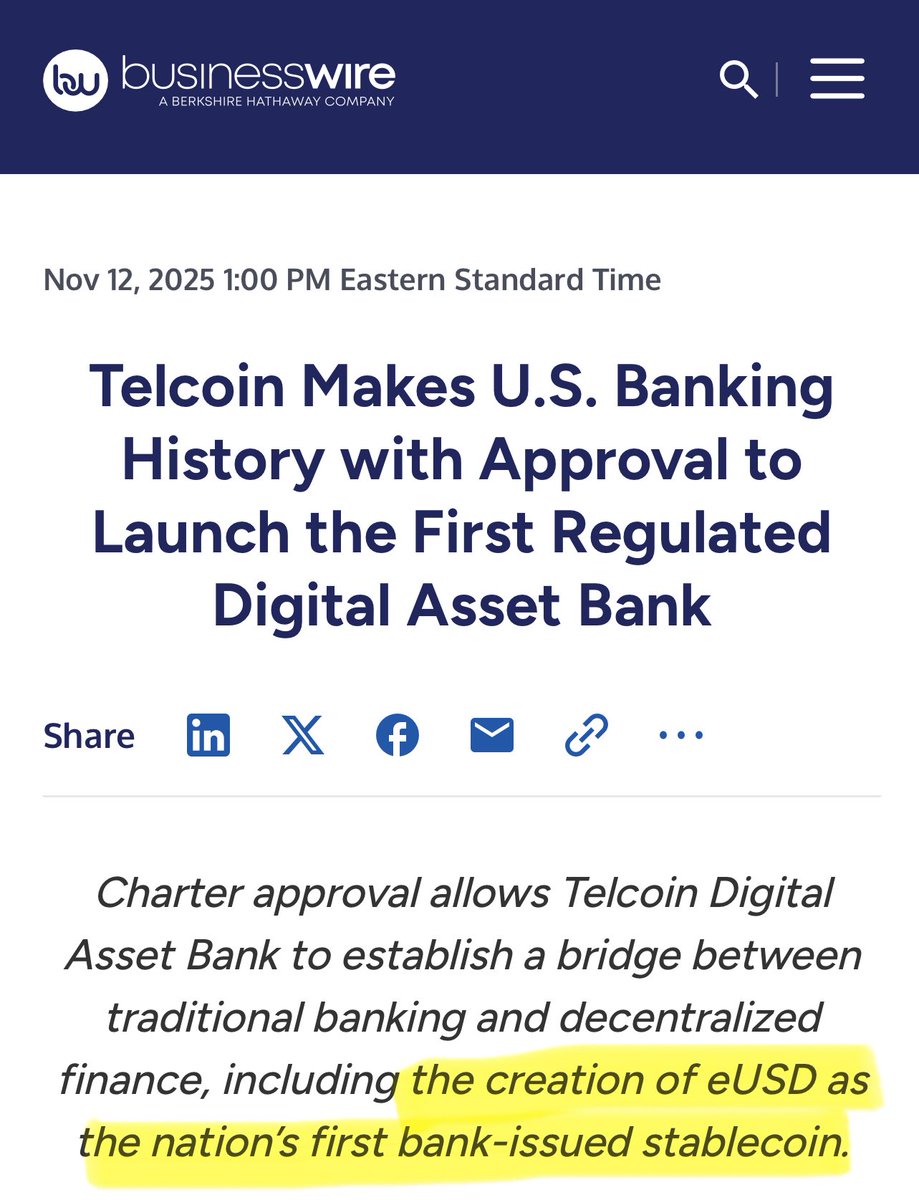 AngelofYHVH's tweet photo. Head of BIS:  Stablecoins must be issued by Banks
 Telcoin is the First U.S. Digital Asset Bank

Agustín Carstens, Head of the BIS (the central bank of central banks) explains private stablecoins issued by non banks lack singleness.

‘…you might be in a situation where there is an exchange rate between a pound stablecoin issued by person X and the stablecoin issued by person Y. 

If they’re not back the same, you’ll have an exchange rate between them, and there is no singleness of money…’

What’s the solution?
 “…pound issued by a commercial bank and a pound issued by the Bank of England are exactly the same…

That’s the singleness of money.”

The risk the BIS keeps warning about? 
Telcoin already fixed this by Telcoin’s Digital Dollar eUSD 
eUSD is issued by Telcoin’s fully chartered Digital Asset Bank, redeemable 1:1 at par.
 This is Exactly the model Carstens demands.

America now has the first regulated digital asset bank while everyone else is still applying for bank charters.

@telcoin @FT TEL