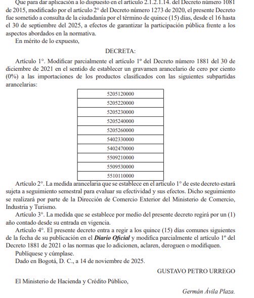 <a href="/CGT_ADS/">@CGT_AUTONOMA</a> <a href="/CGTANTIOQUIA2/">@CGTANTIOQUIA</a> <a href="/FEGTRAVALLECGT/">FEGTRAVALLE CGT</a> <a href="/cgtbogotaycundi/">@cgtbogotaycundi</a> 
La CGT Colombia rechaza el Decreto 1197 de 2025

El Gobierno Nacional, a través del Ministerio de Comercio, Industria y Turismo, expidió el Decreto 1197 de 2025, mediante el cual se modifica parcialmente el Arancel de