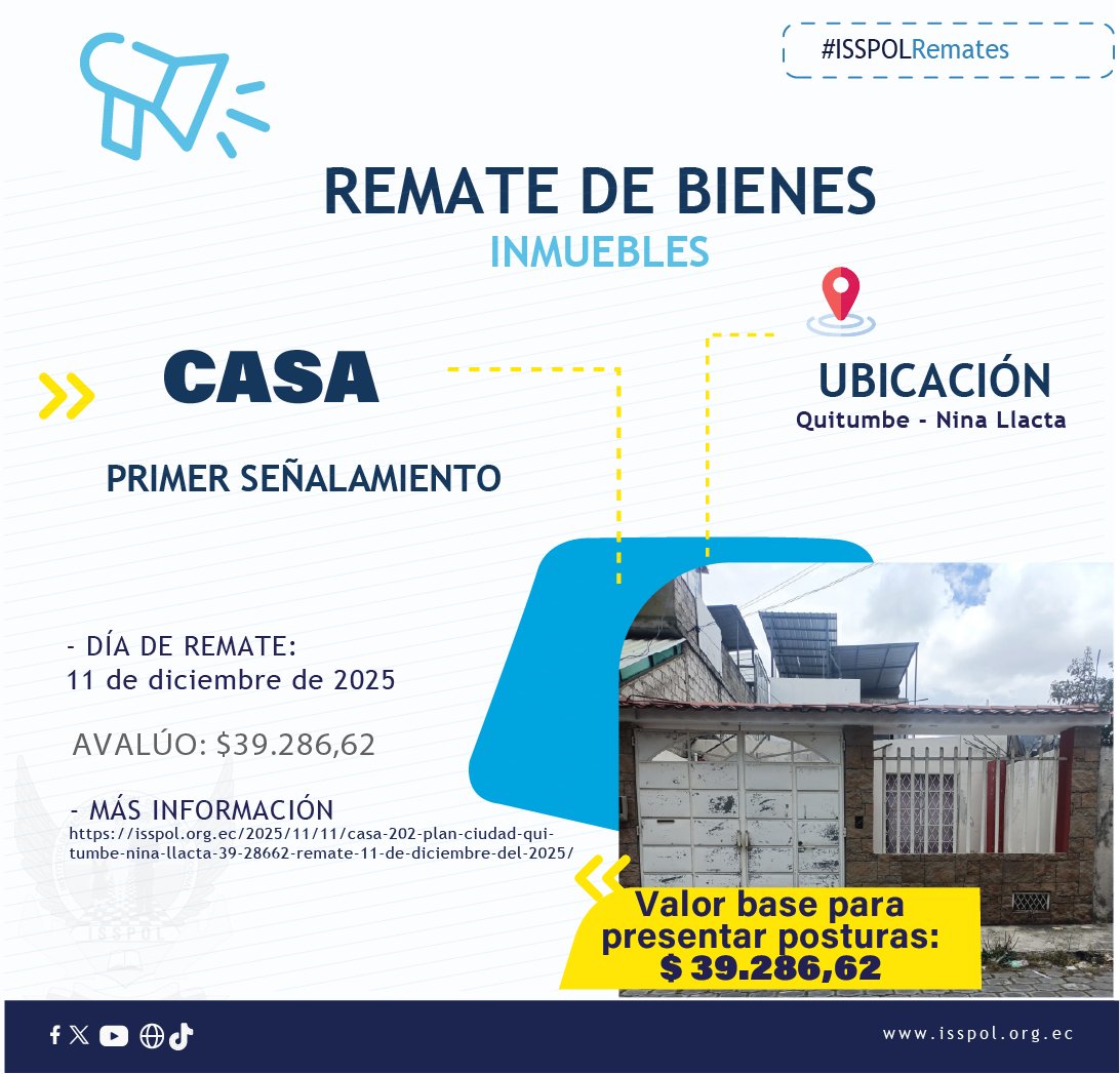 📢 ¡Remates ISSPOL!  

Participa en los remates programados y encuentra inmuebles a precios competitivos.
  
📅Consulta las fechas y bases 
💸Aprovecha estos precios únicos

🔗Más detalles en isspol.org.ec/category/coact…