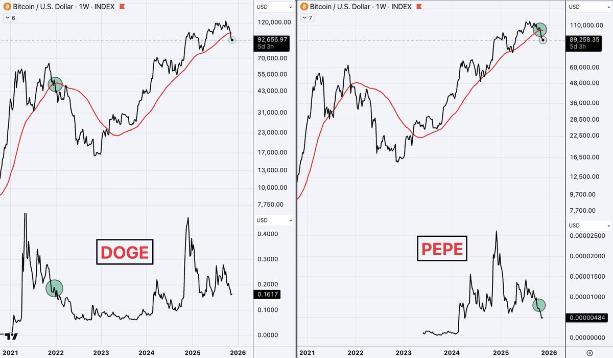<a href="/CrashiusClay69/">Crash</a> Something to consider before believing $PEPE, $BRETT, $ANDY, etc are all this cycles $DOGE. 

2021: $DOGE had its blow off top months before Bitcoin did. 

2025: $PEPE had its blow off top months before Bitcoins current top. 

Notice the green circles. 

2021: DOGE was 75% down