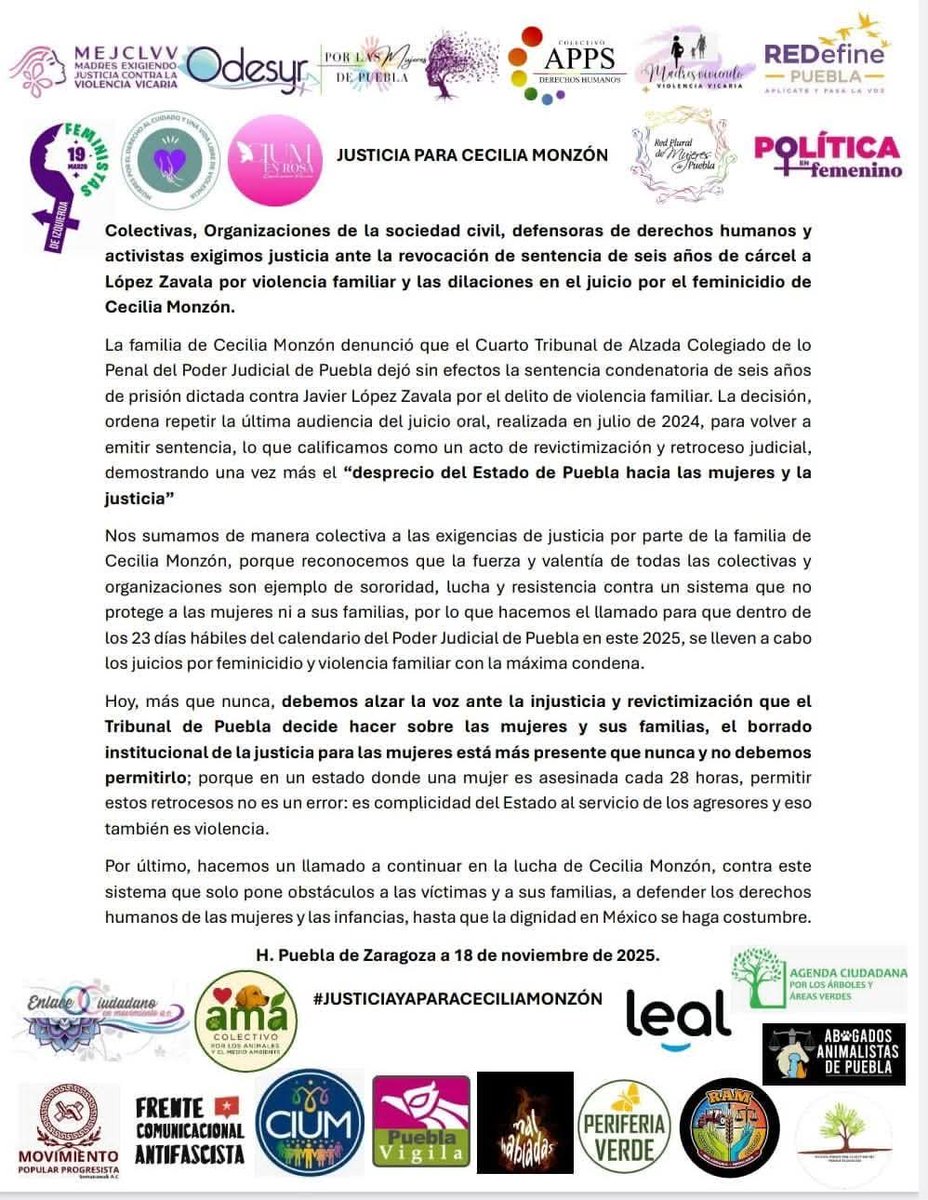 Colectivas, Organizaciones de la sociedad civil, defensoras de derechos humanos y activistas exigimos justicia ante la revocación de sentencia de López Zavala por violencia familiar y dilaciones en el juicio por el feminicidio de Cecilia Monzón
#JusticiaParaCecilia