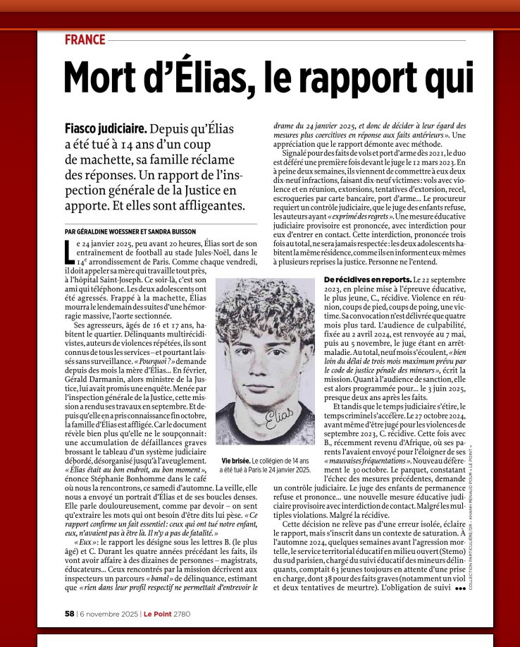 lattention_info's tweet image. &quot;Mort d’Élias : ce rapport qui accable le système judiciaire&quot; (&quot;Le Point&quot;, 6/11/25)

(1/2)
#Elias #Ensauvagement #Décivilisation #Progressisme