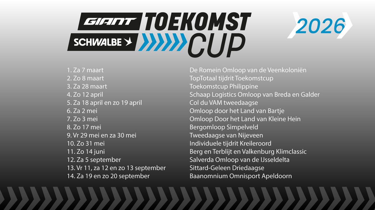 De kalender voor de Giant-Schwalbe en Schwalbe-Liv Toekomstcup 2026 zijn bekend. 14 prachtige wedstrijden in alle disciplines! #toekomstcup #wielrennen #talentontwikkeling
