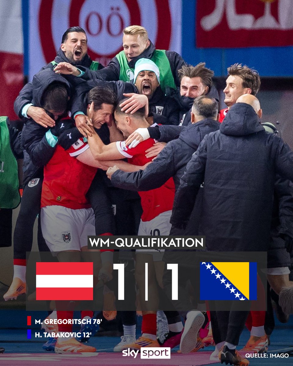 Lange sieht es danach aus, dass Bosnien das direkte WM-Ticket löst und Österreich in die Playoffs schickt. Doch Michael Gregoritsch erlöst die Rangnick-Elf spät in der Partie, wodurch sie den WM-Startplatz sicher haben. 🇦🇹 🎫 

#SkySport #WM #Österreich