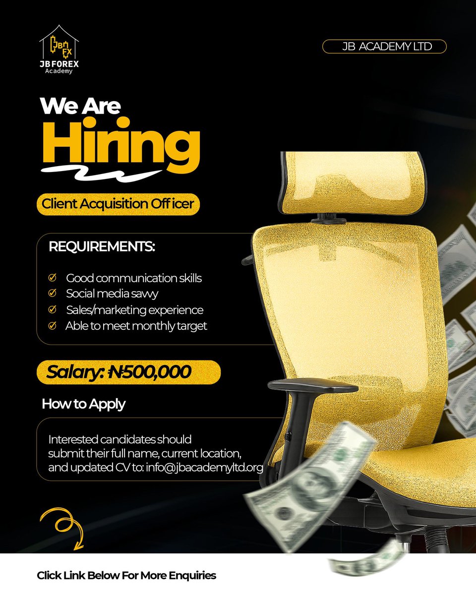 cloud9_5FM's tweet image. We are hiring!
Client Acquisition Officer needed.
Salary: N500,000 monthly.

Apply with your details and CV.
👉 Link: wa.link/w1oqc2