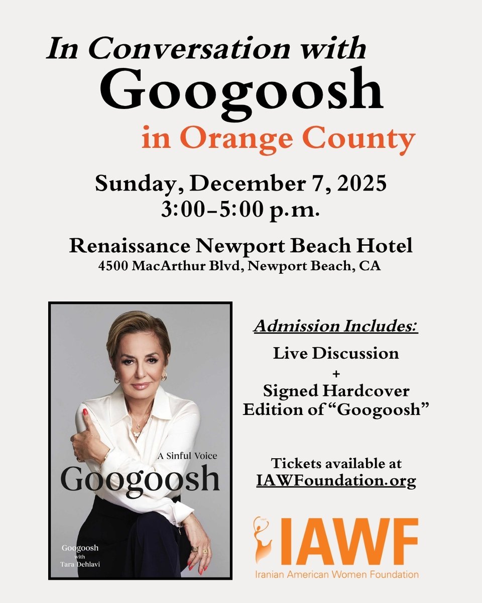 IAWFoundation's tweet photo. The legendary Googoosh, along with her co-author Tara Dehlavi, will discuss their newly published novel, Googoosh: A Sinful Voice, in a live conversation with Shahrzad Ardalan. Join us on Dec. 7, for what promises to be a memorable and intimate discussion: https://t.co/B2xJQUiKBg https://t.co/l5GUKuvwWR