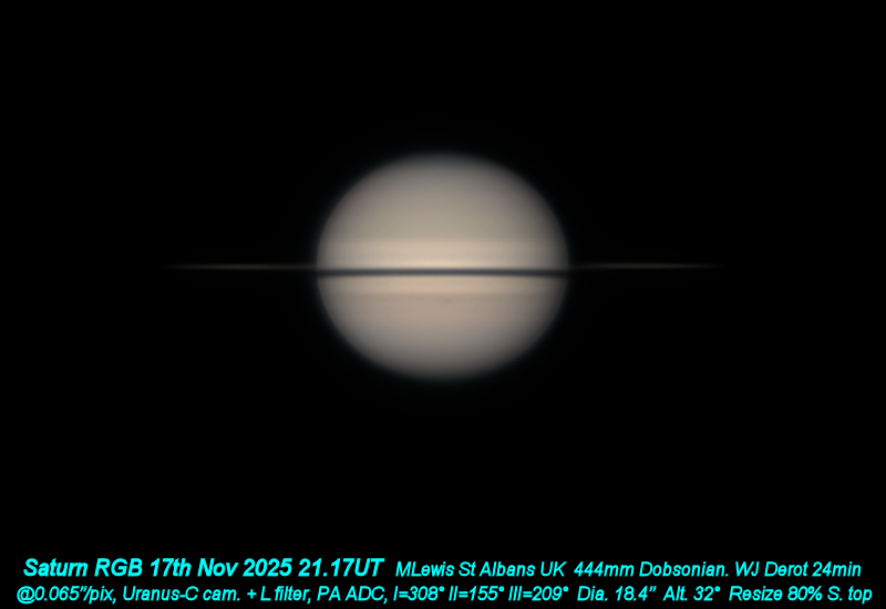 Saturn in just about usable seeing yesterday evening. Rings are a very thin sliver now.