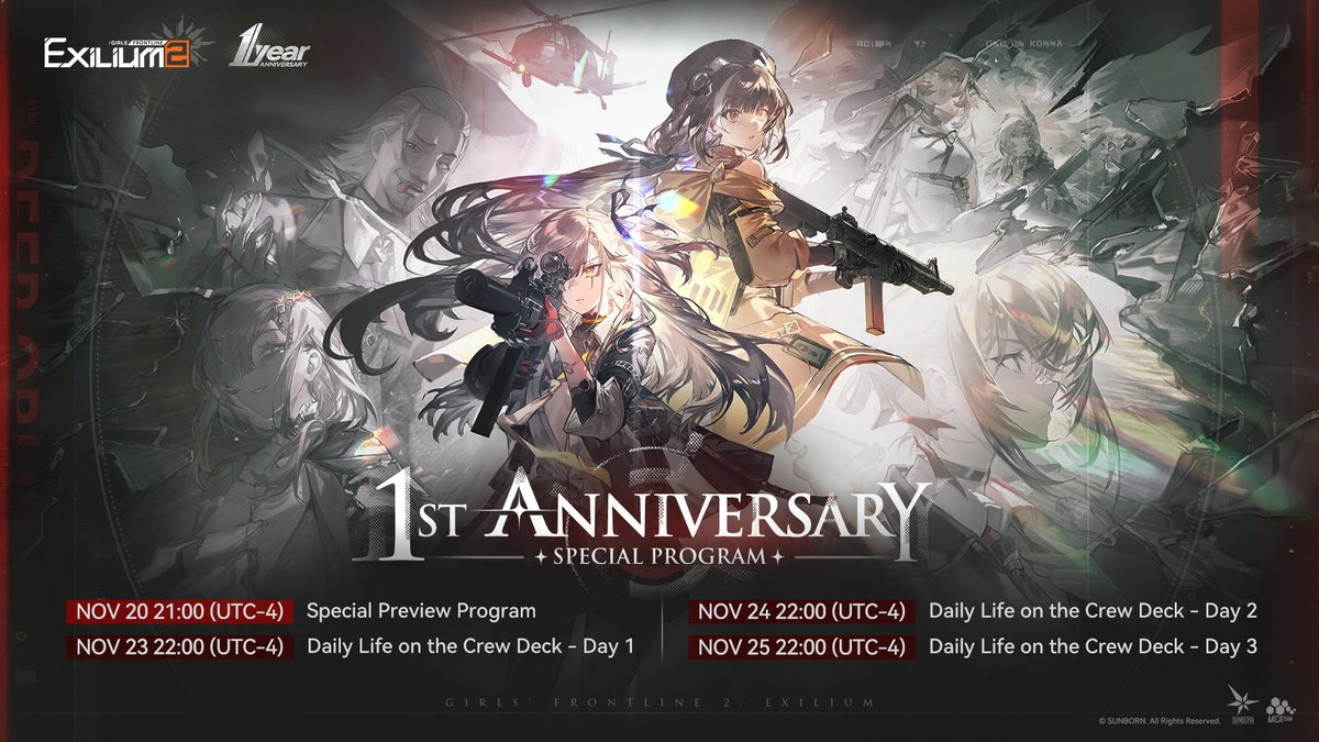 [First Anniversary Major Update] Special Program

Commanders, the 1st Anniversary Major Update for Girls' Frontline 2: Exilium is almost here!

To celebrate this milestone and prepare you for the upcoming patch content, including the brand-new system [Crew Deck], we've got a