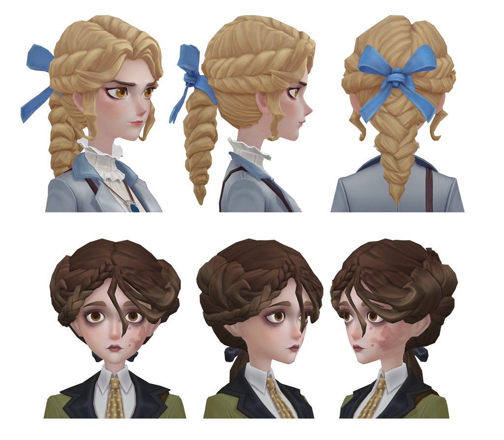 nohtnpilled's tweet image. alice&apos;s braid resembles a moth cocoon hanging from a tree while melly&apos;s hair has the shape of a mantis head with front pieces that look like arms