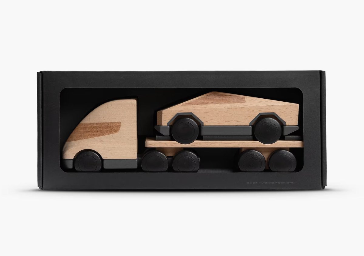 SawyerMerritt's tweet image. Tesla has released a Tesla Semi + Cybertruck Wooden Playset for $60 USD.

&quot;Features collectable and playable wooden Cybertruck and Semi models. Perfectly sized so that Semi can carry Cybertruck anywhere.&quot;

Shop: shop.tesla.com/product/tesla-…