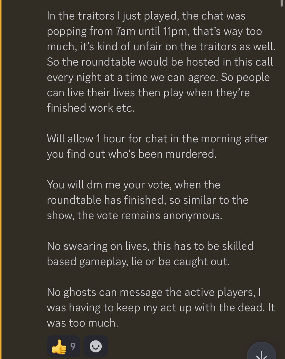 FPLStark's tweet image. Looking for 4-6 players that can actively play the traitors. All players are from the FPL community. Won’t be uploading to X. I don’t have the time or energy to play, so I’ll be hosting and picking the traitors etc. reply if interested. 
Some rules below 👇 
7pm-9pm roundtables