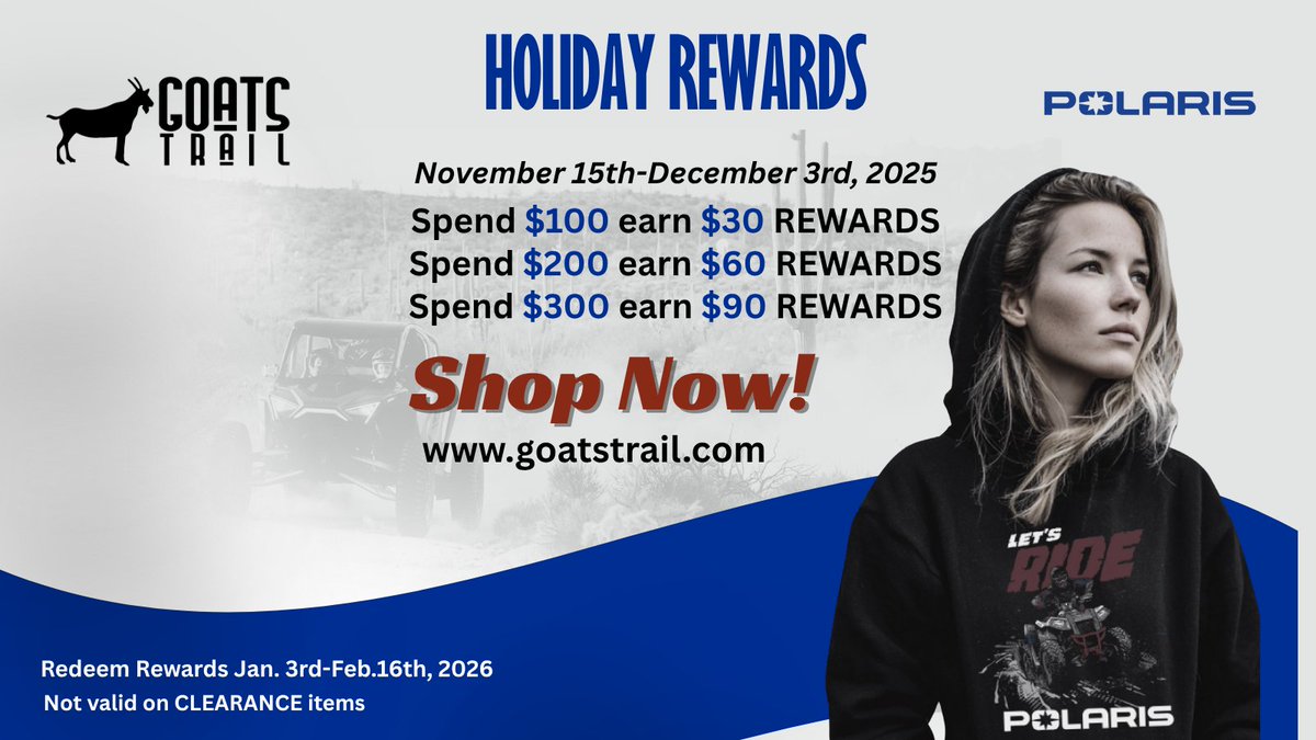 GoatsTrailCo's tweet image. Level up your look with official Polaris® apparel 🎄🔥 Perfect holiday gifts for riders + trail lovers! 🎁 Earn $30 in rewards for every $100 spent—treat them AND yourself 😎

Shop now: goatstrail.com/collections/li…

#HolidayGifts #Polaris #PolarisRZR #OffRoadLife #AdventureGear
